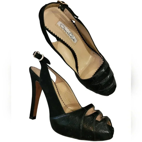 OSCAR DE LA RENTA Black patent leather suede slingback peep-toe heels shoes 6.5 - Picture 1 of 16